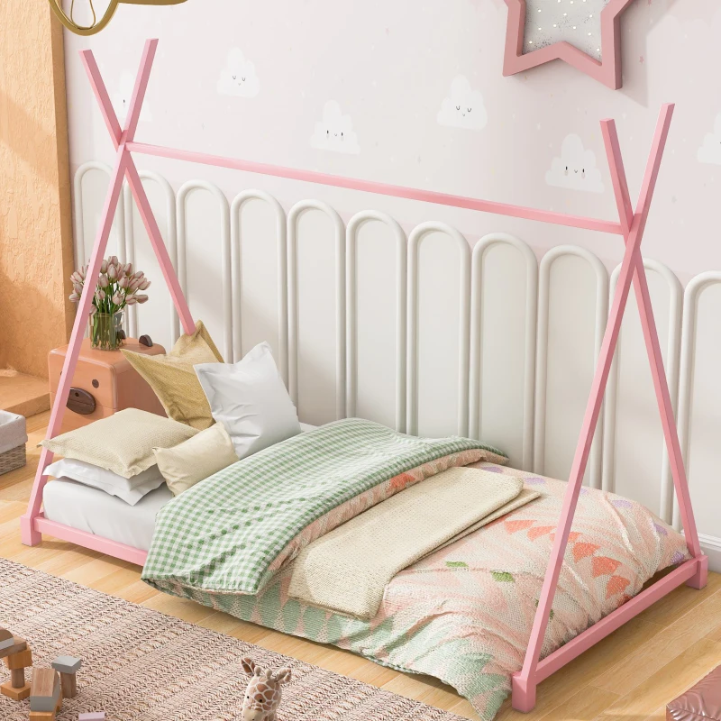 Metal Twin Size House Platform Bed with Triangle Structure, Sturdy Frame, and Safety Railings, 78" L x 41" W x 63" H, Pink