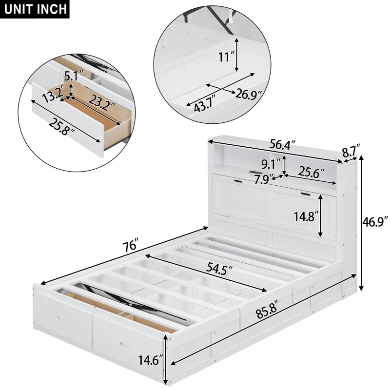 Wood Full Size Hydraulic Platform Bed with Storage LED Headboard, Charging Station, and 2 Drawers, 86" L x 56.5" W x 47" H, White