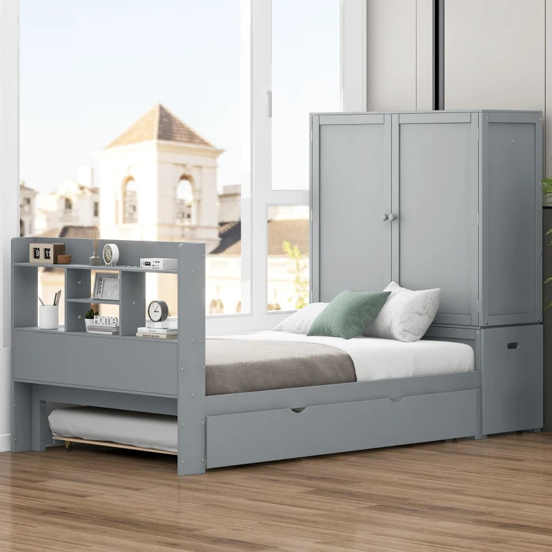 Twin Size Platform Bed with Storage Headboard, Footboard, Pull Out Shelves, and Twin Size Trundle, 101" L x 41.5" W x 65.5" H, Gray
