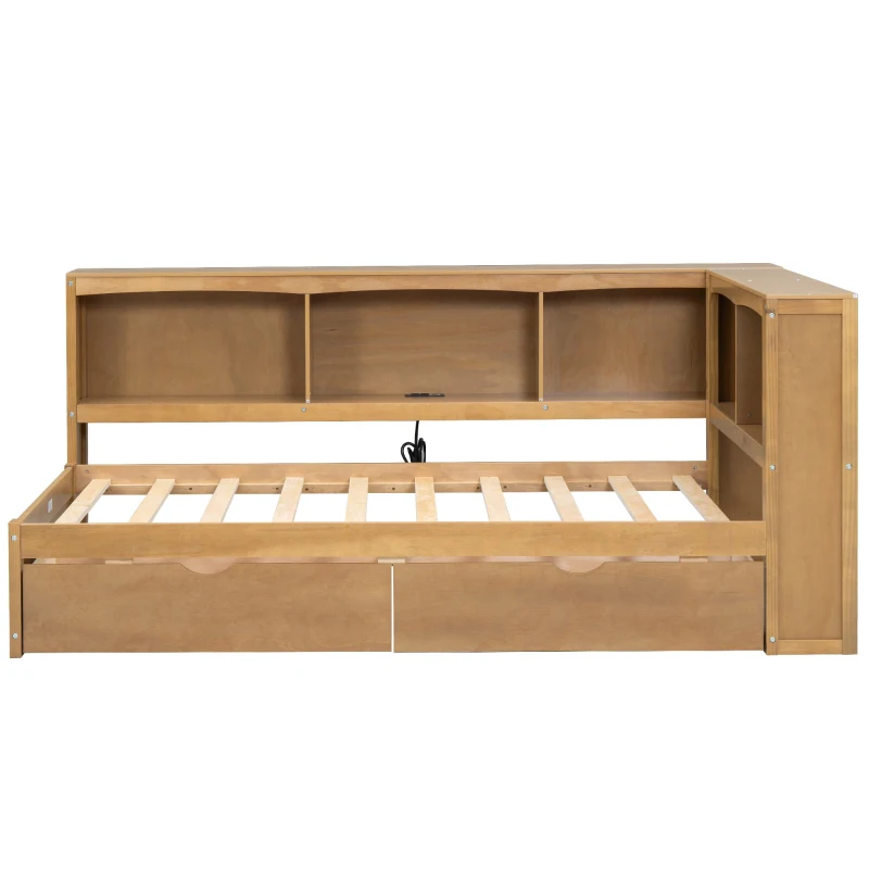 Twin Size Daybed with 2 Storage Drawers, Storage Cabinets, USB Ports, Solid Wood and MDF, 86" L x 51" W x 37.5" H, Wood