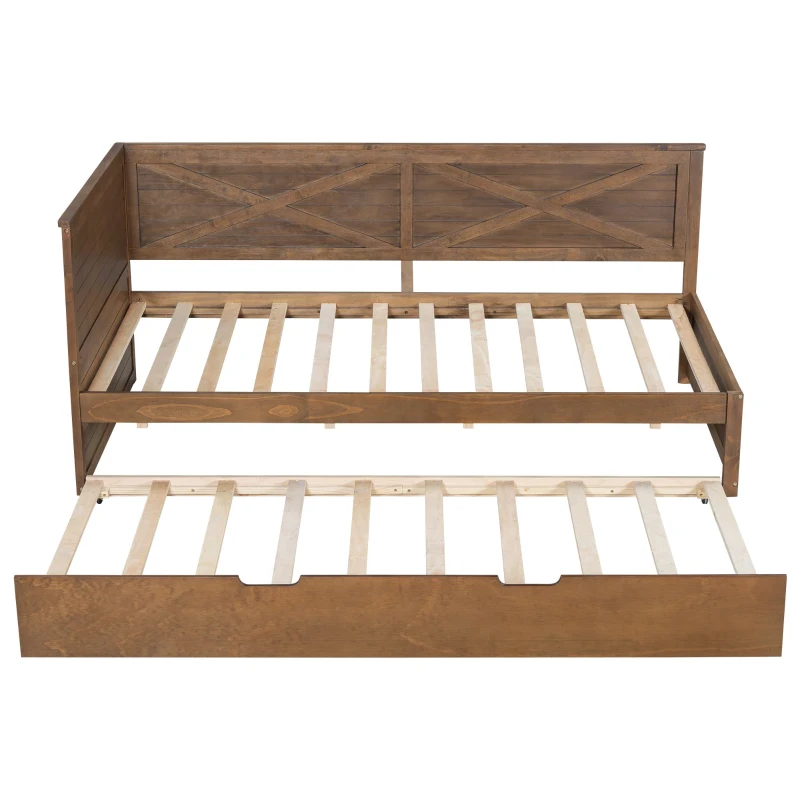 Vinsetto Twin Size Wood Daybed with Trundle, Rustic Guardrail, Solid Wood Construction, 77.5" L x 42" W x 33.5" H, Brown