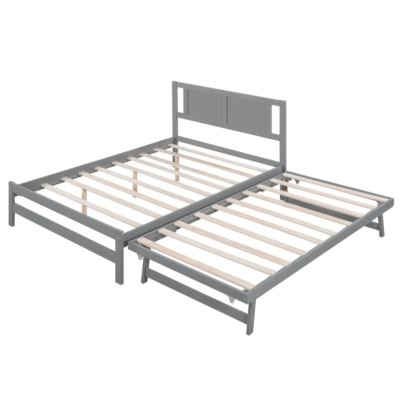 Full Size Platform Bed with Adjustable Trundle, Solid Pine Wood and MDF, 78" L x 97.5" W x 39.5" H, Gray