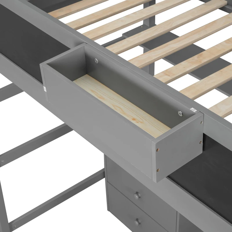 Wood Twin Size Loft Bed with Desk, Blackboard, Storage Box, Shelf, and 3 Drawers, 79" L x 42" W x 69.5" H, Gray