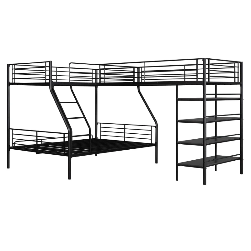 L-Shaped Twin over Full Bunk Bed and Twin Loft Bed with Built-in Shelves, Full-Length Guardrails, and Ladder, 117" L x 77.5" W x 63" H, Black