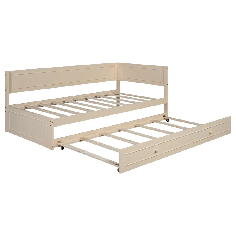 Vinsetto Vintage Style Twin Size Wood Daybed with Trundle and Guardrail, Solid Wood Construction, 77" L x 40.5" W x 31.5" H, Beige
