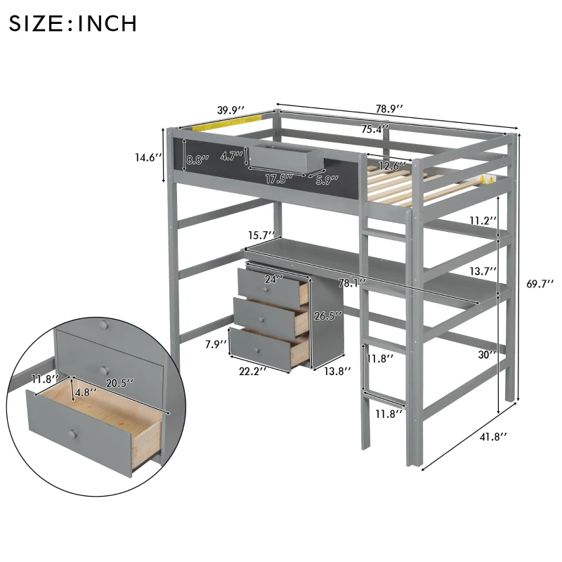 Wood Twin Size Loft Bed with Desk, Blackboard, Storage Box, Shelf, and 3 Drawers, 79" L x 42" W x 69.5" H, Gray