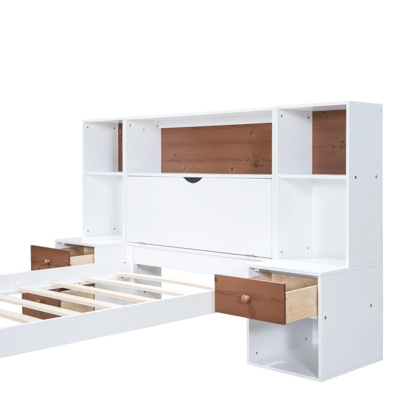 Vinsetto Twin Size Platform Bed with Storage Headboard, Drawers, and Nightstands, Solid Wood and MDF, 87" L x 73.5" W x 45" H, White
