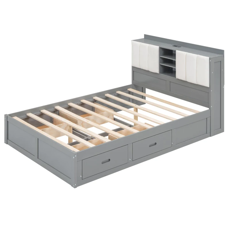 Vinsetto Wood Full Size Platform Bed with Storage Headboard, 4 Drawers, USB Charging Interface, 87" L x 56.5" W x 39.5" H, Gray