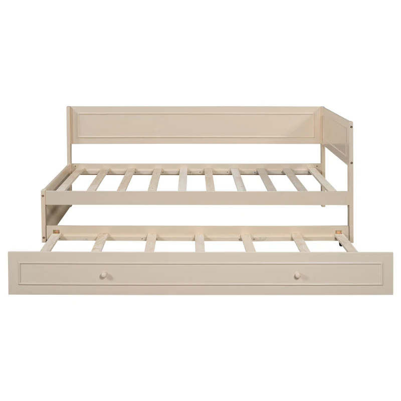 Vinsetto Vintage Style Twin Size Wood Daybed with Trundle and Guardrail, Solid Wood Construction, 77" L x 40.5" W x 31.5" H, Beige