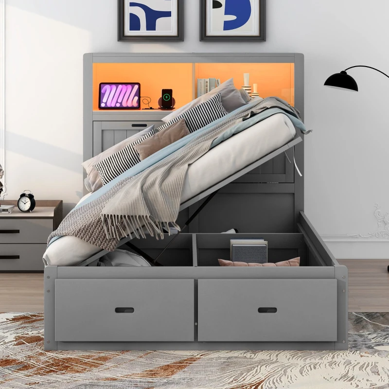 Wood Full Size Hydraulic Platform Bed with Storage LED Headboard, Charging Station, and 2 Drawers, 86" L x 56.5" W x 47" H, Gray