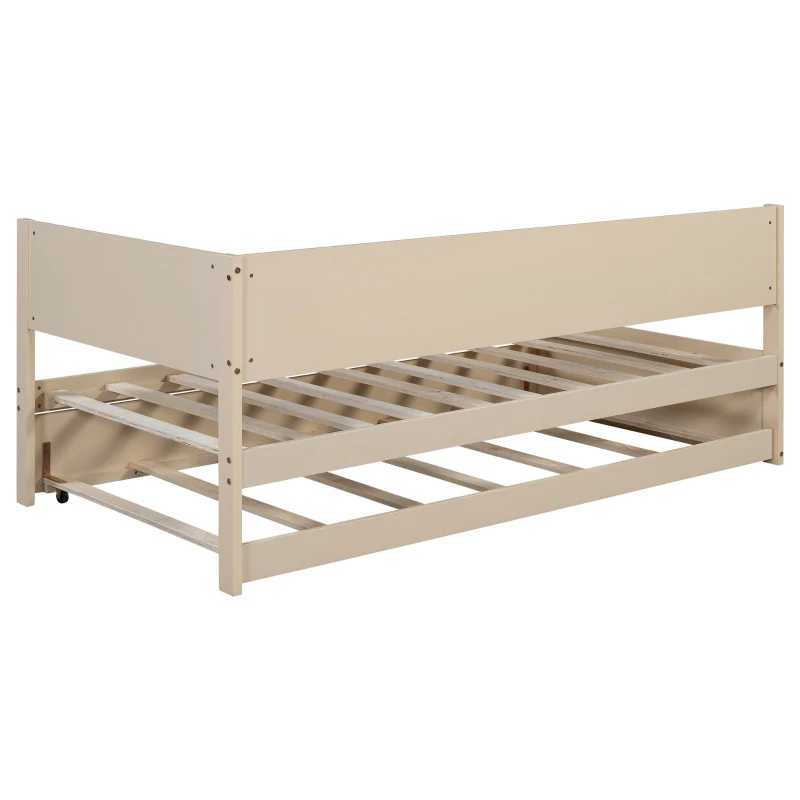 Vinsetto Vintage Style Twin Size Wood Daybed with Trundle and Guardrail, Solid Wood Construction, 77" L x 40.5" W x 31.5" H, Beige