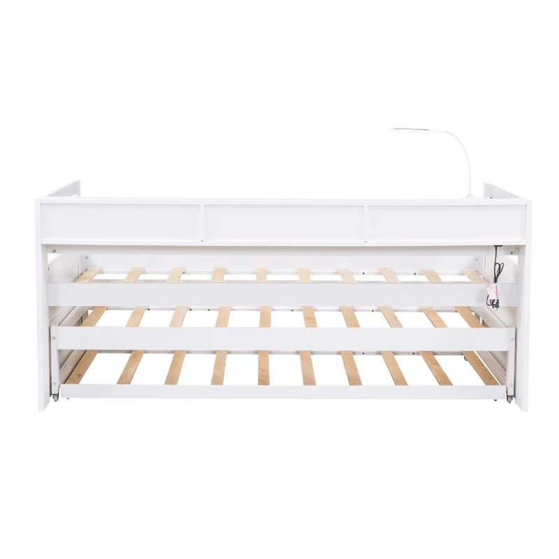 Twin XL Wood Daybed with 2 Trundles, 3 Storage Cubbies, USB Charging Design, and Free Light, 82" L x 129.5" W x 35.5" H, White