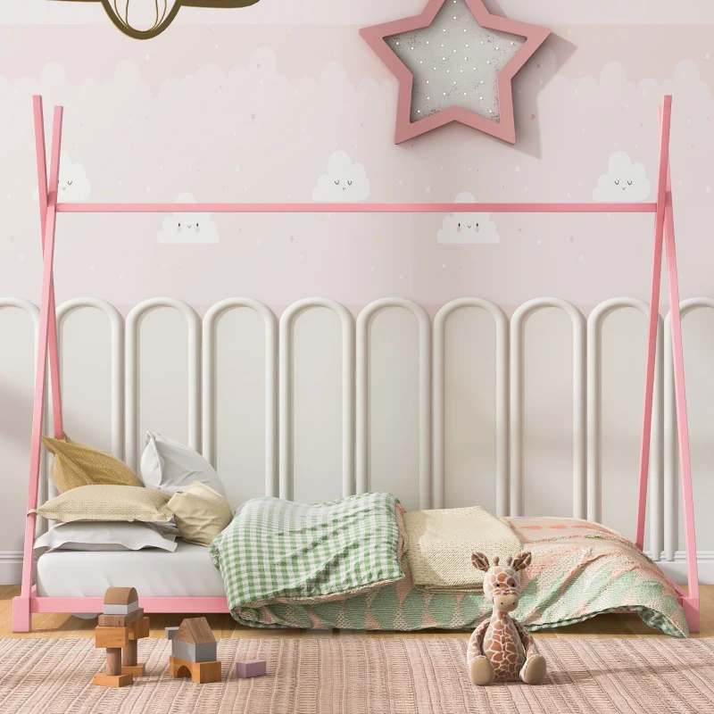 Metal Twin Size House Platform Bed with Triangle Structure, Sturdy Frame, and Safety Railings, 78" L x 41" W x 63" H, Pink