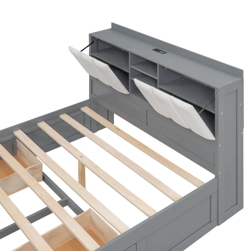 Vinsetto Wood Full Size Platform Bed with Storage Headboard, 4 Drawers, USB Charging Interface, 87" L x 56.5" W x 39.5" H, Gray