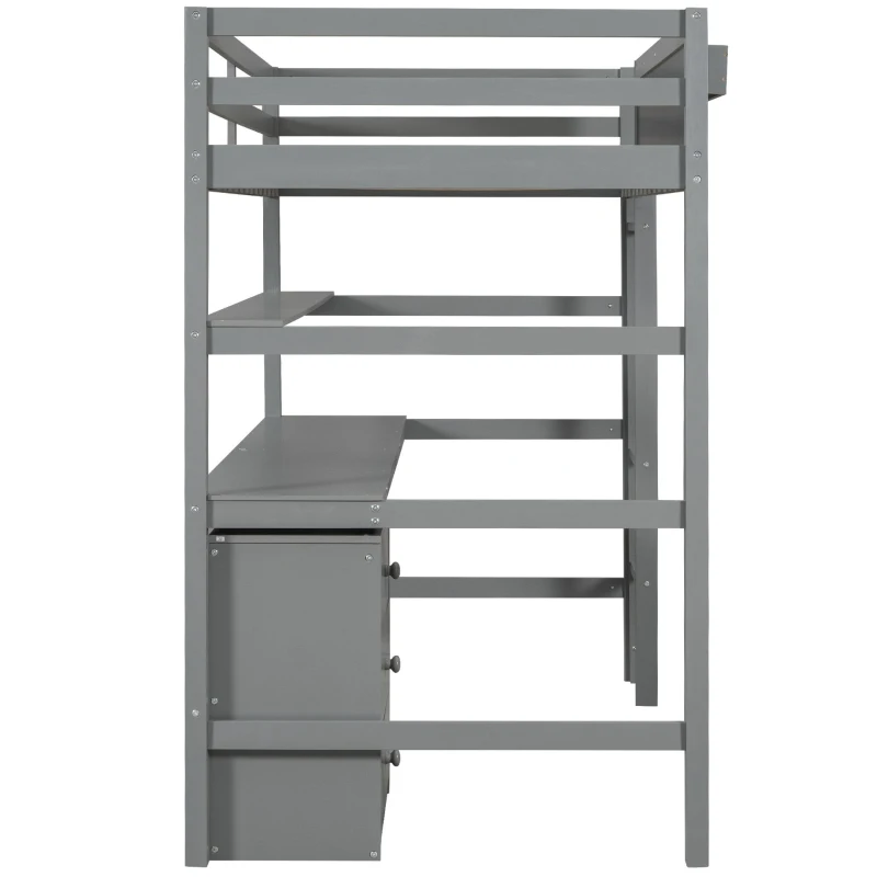 Wood Twin Size Loft Bed with Desk, Blackboard, Storage Box, Shelf, and 3 Drawers, 79" L x 42" W x 69.5" H, Gray