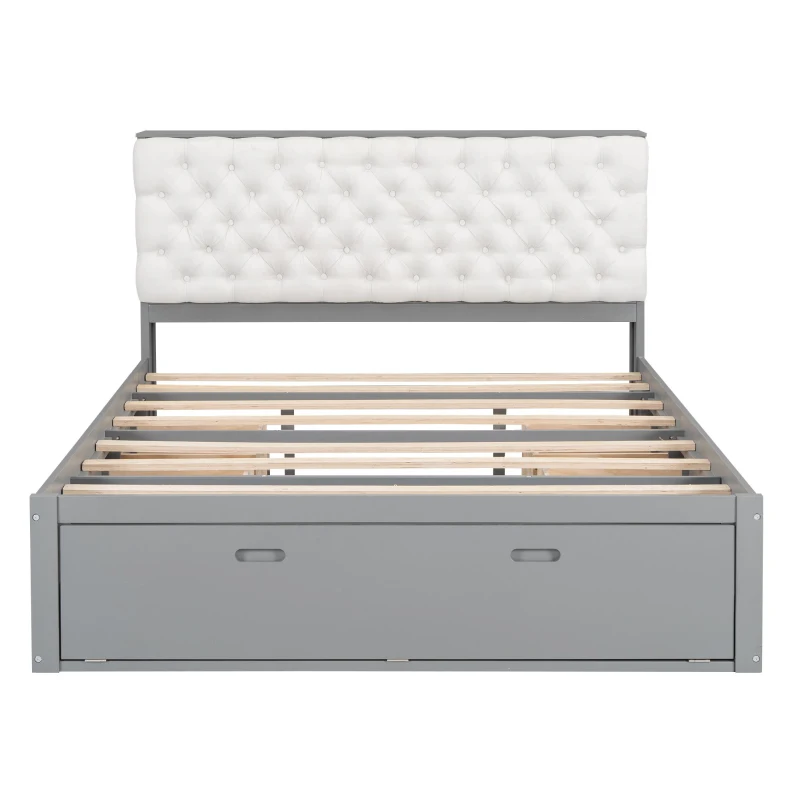 Wood Queen Size Platform Bed with Storage Headboard, Shoe Rack, and 4 Drawers, 90.5" L x 63" W x 43" H, Gray