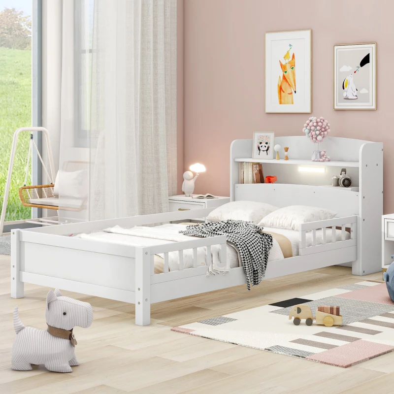 Wood Twin Size Platform Bed with Built-in LED Light, Storage Headboard, Guardrail, and Sturdy Construction, 87" L x 43" W x 31" H, White