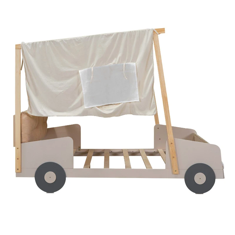 Wood Full Size Car Bed with Pillow, Ceiling Cloth, LED Lights, and Magazine Holder, 79" L x 57.5" W x 62" H, Natural
