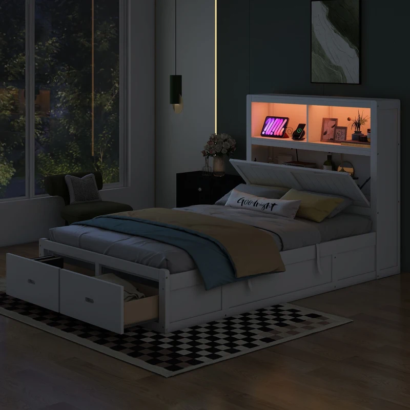 Wood Full Size Hydraulic Platform Bed with Storage LED Headboard, Charging Station, and 2 Drawers, 86" L x 56.5" W x 47" H, White