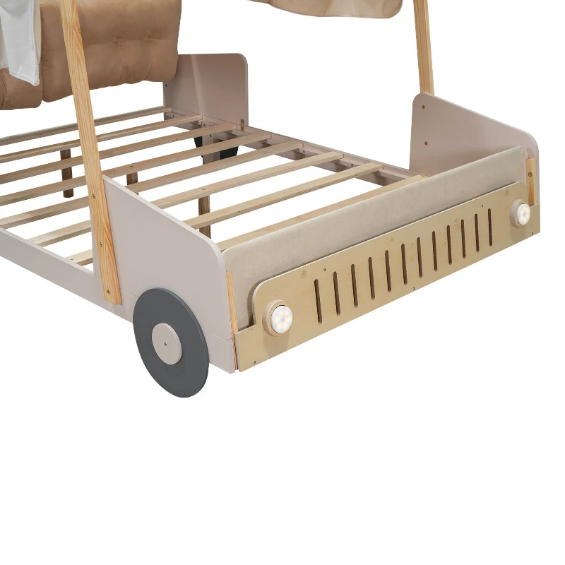 Wood Full Size Car Bed with Pillow, Ceiling Cloth, LED Lights, and Magazine Holder, 79" L x 57.5" W x 62" H, Natural