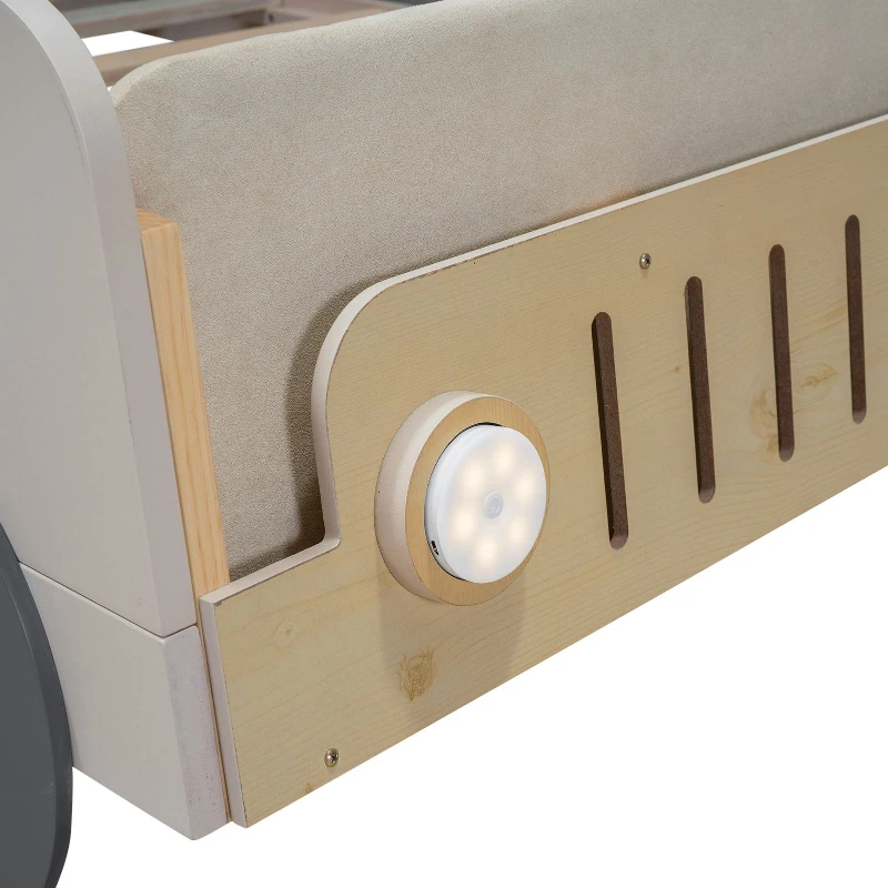 Wood Twin Size Car Bed with Pillow, Ceiling Cloth, LED Lights, and Magazine Holder, 79" L x 42.5" W x 62" H, Natural