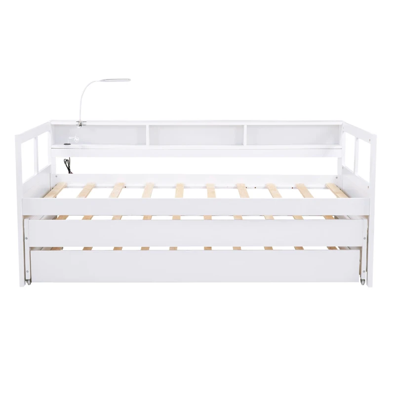 Twin XL Wood Daybed with 2 Trundles, 3 Storage Cubbies, USB Charging Design, and Free Light, 82" L x 129.5" W x 35.5" H, White