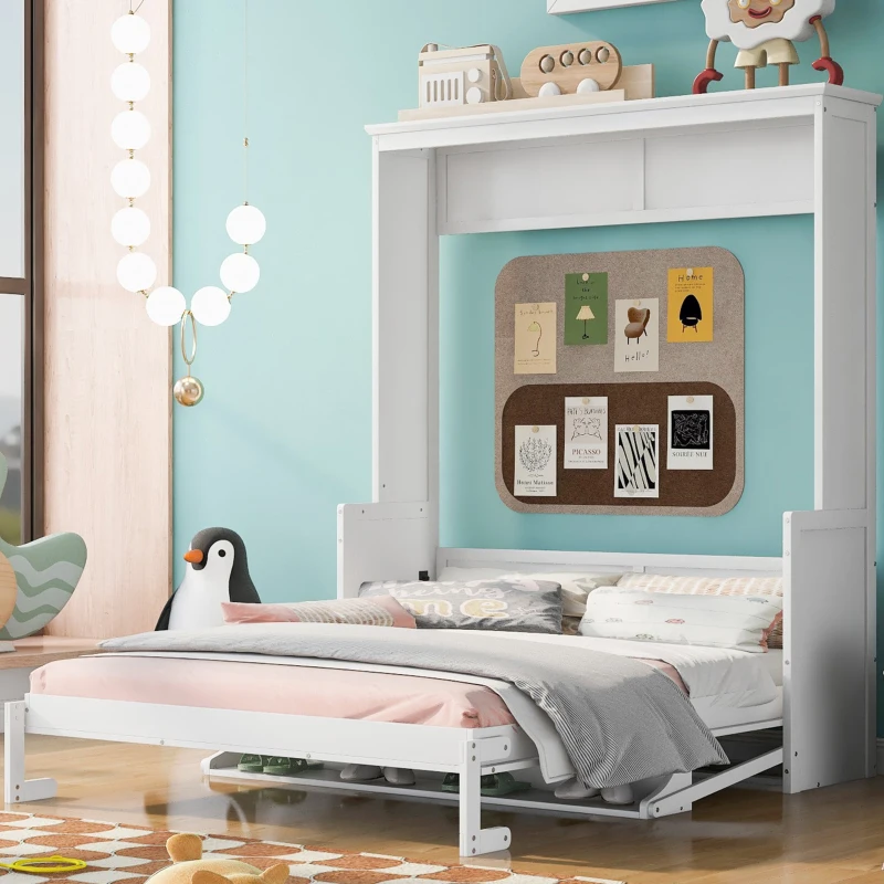 Space-Saving Design Queen Size Murphy Bed with Shelf, Solid Wood and MDF, 86" L x 69.5" W x 87" H, White