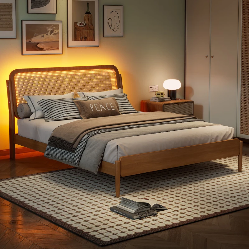 Vinsetto Queen Size Wood Storage Platform Bed with LED Light, Rattan Headboard, No Box Spring Required, 84.5" L x 63" W x 39.5" H, Antique Natural