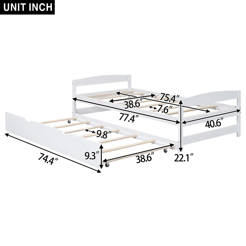 Twin Size Platform Bed with Twin Size Trundle, Headboard and Footboard, Sturdy Pine Wood Construction, 77.5" L x 40.5" W x 22" H, White