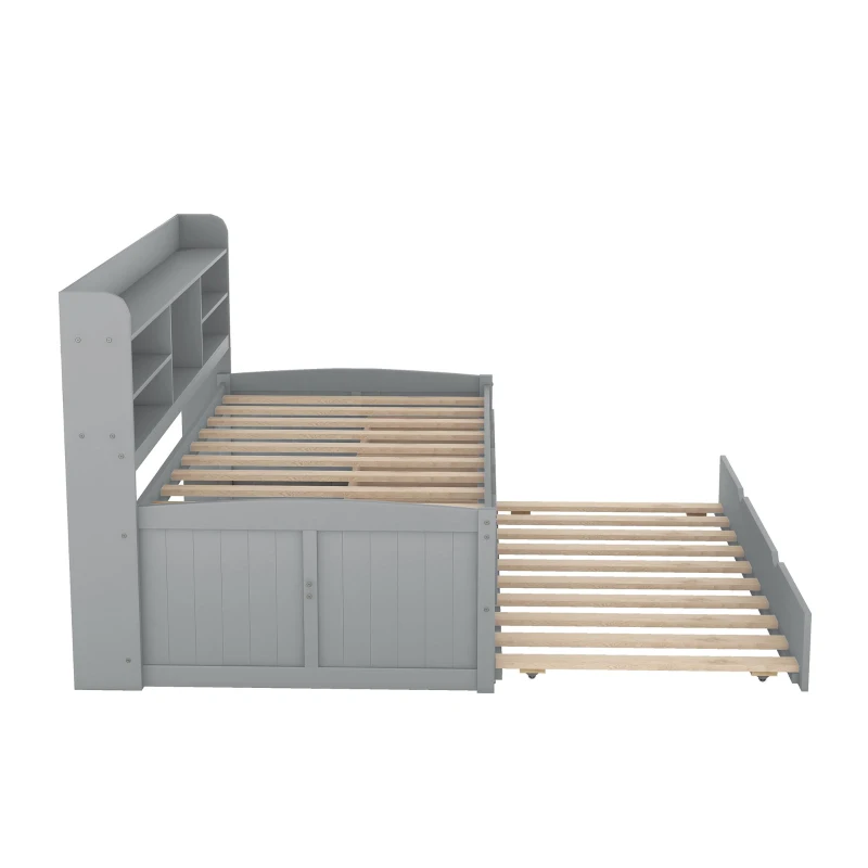 Classic Style Twin Size Wooden Captain Bed with Built-in Bookshelves, 3 Storage Drawers, and Trundle, 77.5" L x 88" W x 47" H, Gray