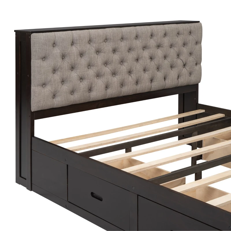 Wood Queen Size Platform Bed with Storage Headboard, Shoe Rack, and 4 Drawers, 90.5" L x 63" W x 43" H, Espresso