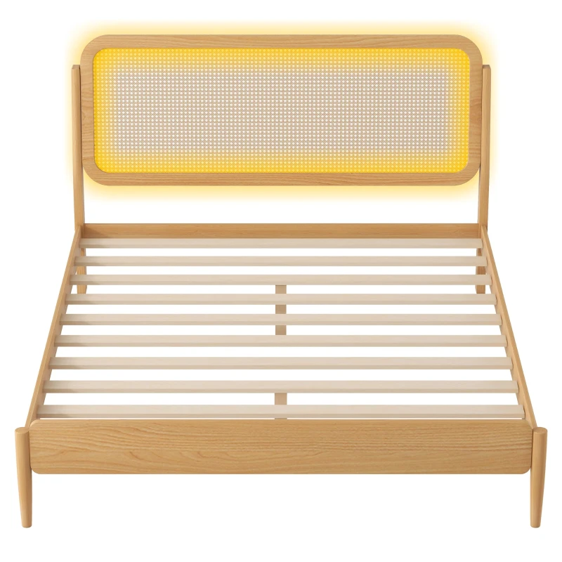 Vinsetto Queen Size Wood Storage Platform Bed with LED Light, Rattan Headboard, No Box Spring Required, 84.5" L x 63" W x 39.5" H, Antique Natural
