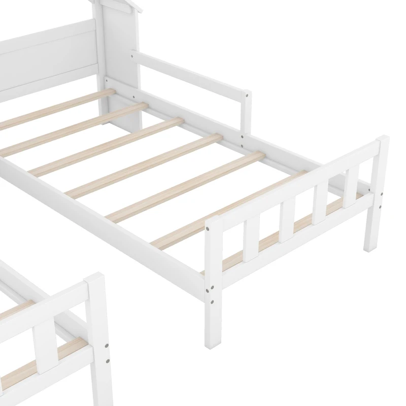 Double Twin Size Platform Bed with House-Shaped Headboard, Built-in Nightstand, Solid Wood Construction, 99.5" L x 78" W x 48" H, White