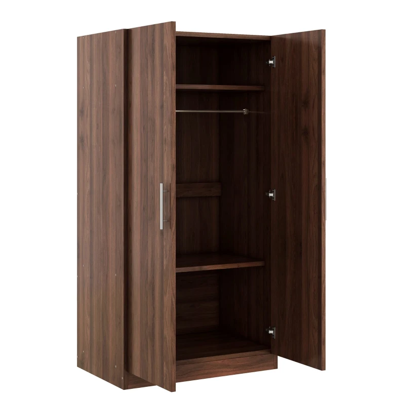 2-Door Wooden Wardrobe Armoire with 3 Storage Shelves, Solid Wood and MDF, 31.5" L x 20" W x 67" H, Brown