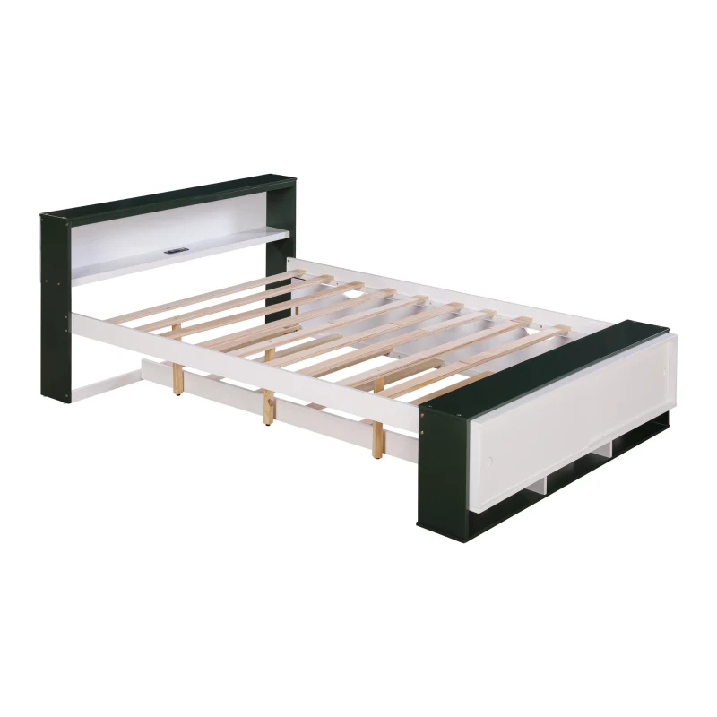 Vinsetto Full Size Platform Bed with Trundle, Storage Headboard and Footboard, USB Charging Ports, 92.5" L x 97.5" W x 32.5" H, White+Green