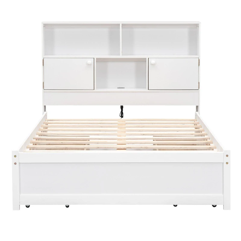 Vinsetto Full Size Platform Bed with Storage Headboard, Charging Station, and 4 Drawers, Solid Wood and MDF, 85" L x 55" W x 48" H, White