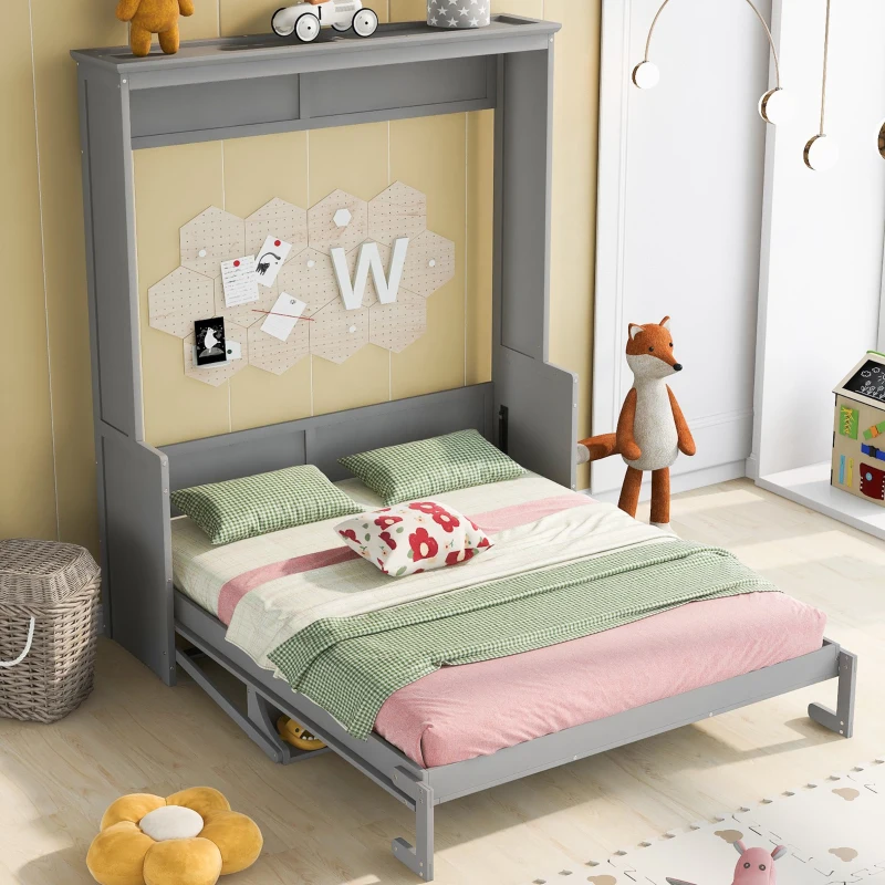 Space-Saving Design Queen Size Murphy Bed with Shelf, Solid Wood and MDF, 86" L x 69.5" W x 87" H, Gray