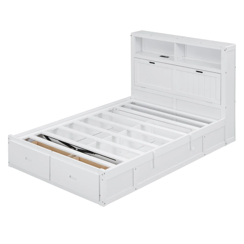 Wood Full Size Hydraulic Platform Bed with Storage LED Headboard, Charging Station, and 2 Drawers, 86" L x 56.5" W x 47" H, White