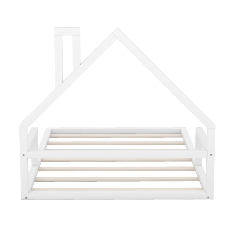 Full Size Wood Floor Bed with House-Shaped Headboard, Sturdy Pine Wood Construction, Easy Assembly, 78" L x 56.5" W x 46.5" H, White
