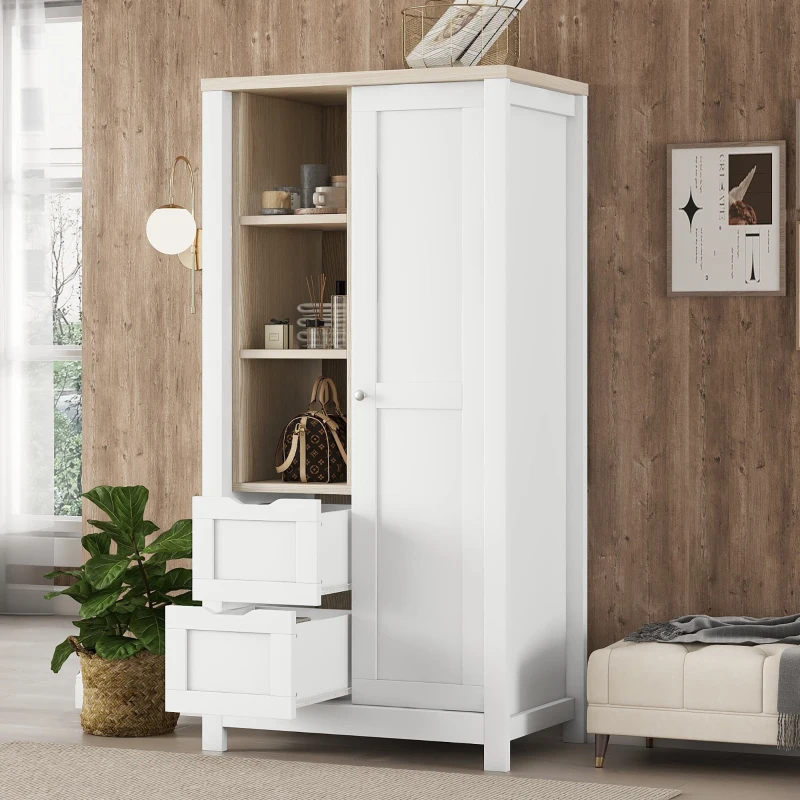 Bedroom Storage Wardrobe with Hanging Rods, 2 Drawers, Open Shelves, and Sliding Door, 31.5" L x 20.5" W x 68" H, White