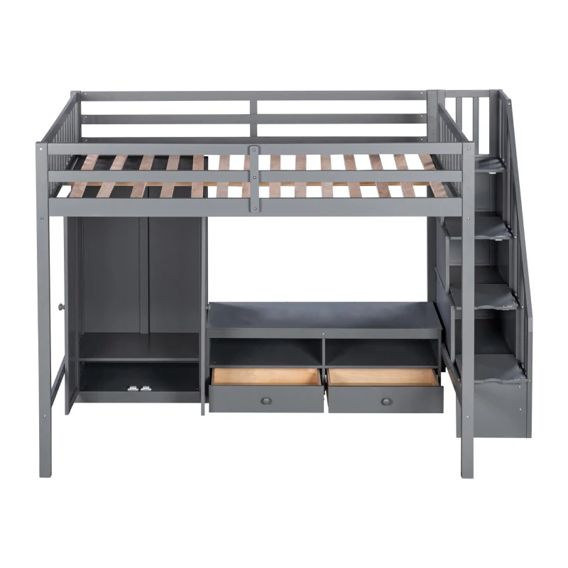 Full Size Loft Bed Frame with Wardrobe, Low Storage Table, Storage Staircase, Solid Wood and MDF, 93.5" L x 56.5" W x 65.5" H, Gray