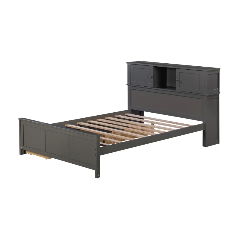 Vinsetto Full Size Platform Bed with Storage Headboard, Sliding Door, 2 Drawers, Solid Wood and MDF, 89" L x 58" W x 42" H, Gray