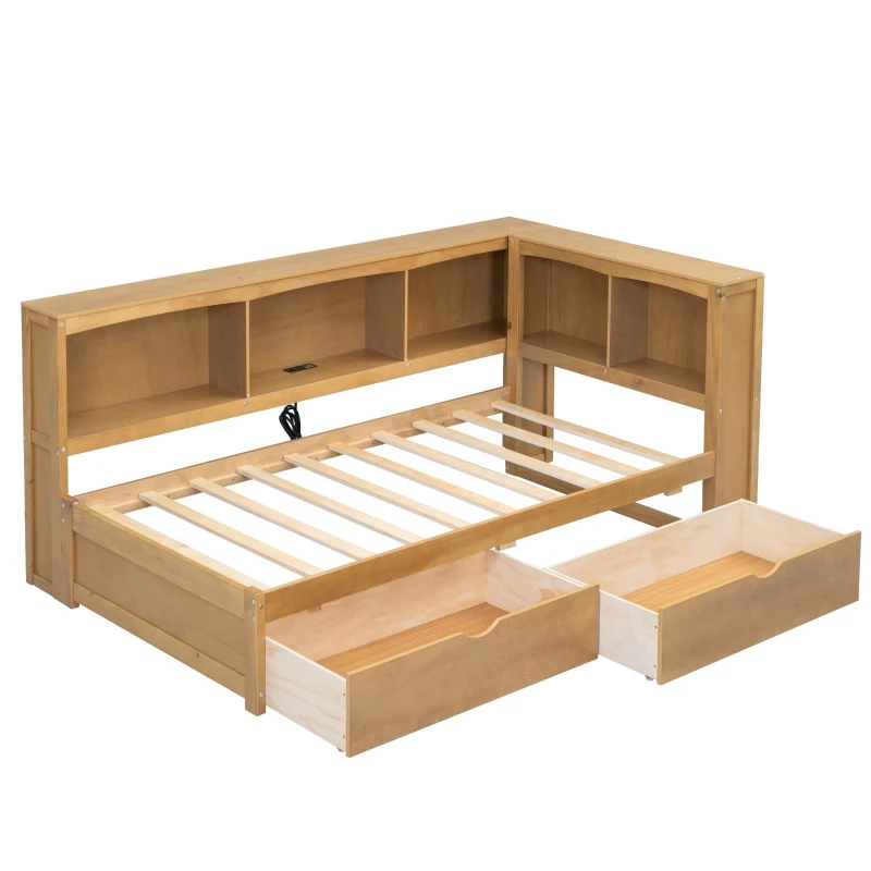 Twin Size Daybed with 2 Storage Drawers, Storage Cabinets, USB Ports, Solid Wood and MDF, 86" L x 51" W x 37.5" H, Wood