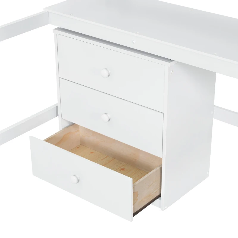 Wood Twin Size Loft Bed with Desk, Blackboard, Storage Box, Shelf, and 3 Drawers, 79" L x 42" W x 69.5" H, White