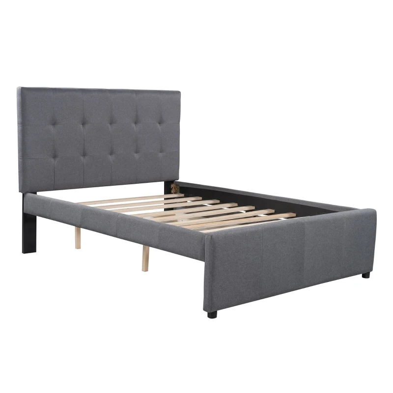 Vinsetto Full Size Linen Upholstered Platform Bed with Headboard and 2 Drawers, Solid Wood Frame, Built-in Slats, 79" L x 58" W x 47" H, Gray