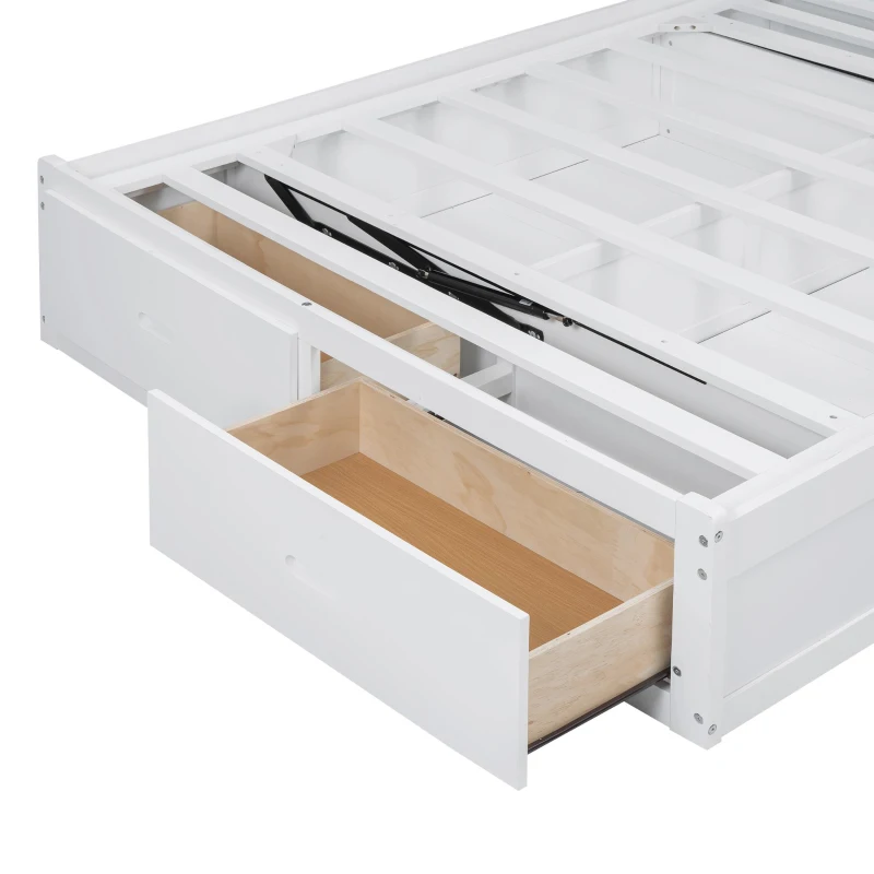 Wood Queen Size Hydraulic Platform Bed with Storage LED Headboard, Charging Station, and 2 Drawers, 90.5" L x 63" W x 47" H, White