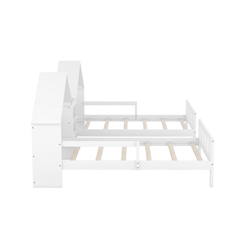 Double Twin Size Platform Bed with House-Shaped Headboard, Built-in Nightstand, Solid Wood Construction, 99.5" L x 78" W x 48" H, White