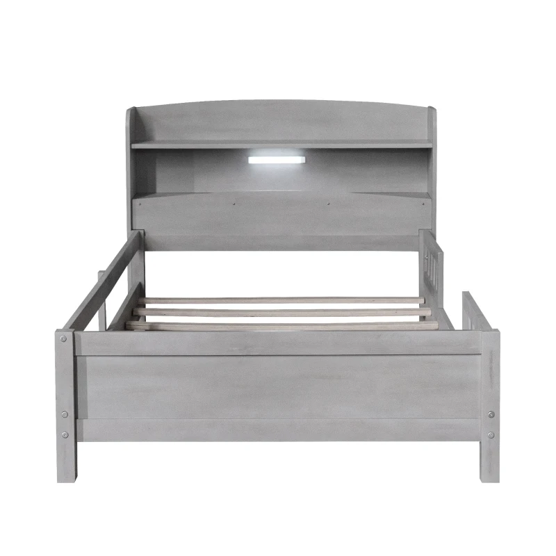 Wood Twin Size Platform Bed with Built-in LED Light, Storage Headboard, Guardrail, and Sturdy Construction, 87" L x 43" W x 31" H, Antique Gray