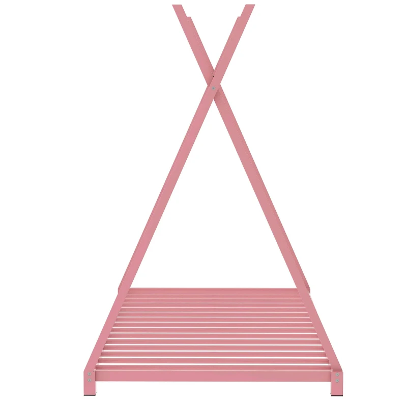 Metal Twin Size House Platform Bed with Triangle Structure, Sturdy Frame, and Safety Railings, 78" L x 41" W x 63" H, Pink