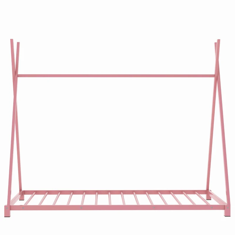 Metal Twin Size House Platform Bed with Triangle Structure, Sturdy Frame, and Safety Railings, 78" L x 41" W x 63" H, Pink